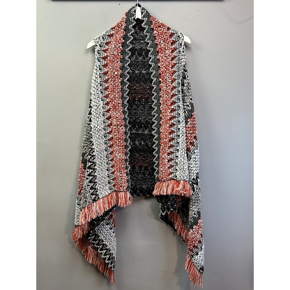 Coco + Carmen Vest Womens One Size Black Coral Geometric Fringe Open Front Boho